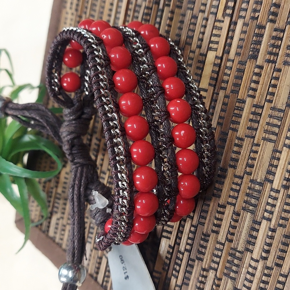 B058 Boho Red & Brown Wide Braided Beaded Adjustable Bracelet